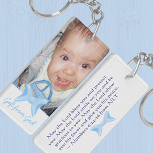 Baby boy Photo Gift from God Blue bow Bible verse Key Ring