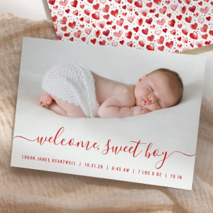Baby Boy Photo Red Script Hearts Birth Announcement