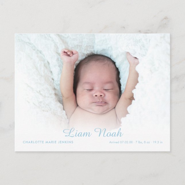 Baby Boy Photo Script Name Modern Elegant Birth Announcement Postcard (Front)