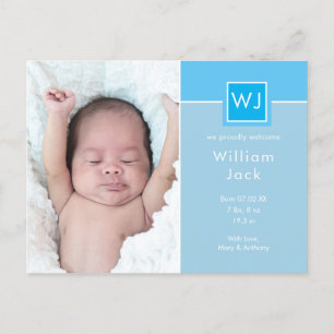 Baby Boy Photos Blue Elegant Chic Monogram Birth Announcement Postcard