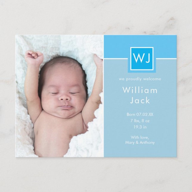 Baby Boy Photos Blue Elegant Chic Monogram Birth Announcement Postcard (Front)