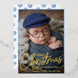 Baby boy Photos Modern Elegant Calligraphy Birth  Foil Holiday Card