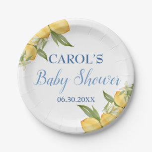 Baby Boy Positano Lemons Blue Pattern Baby Shower Paper Plate