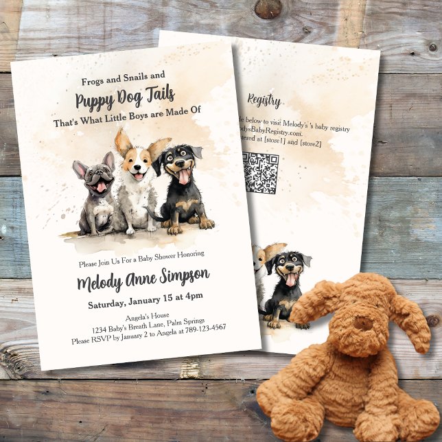 Baby Boy Puppy Dog Tails Baby Shower Invitation (Boy Baby Shower Invitation: Frogs, Snails and Puppy Dog Tails, That's What Little Boys are Made Of)
