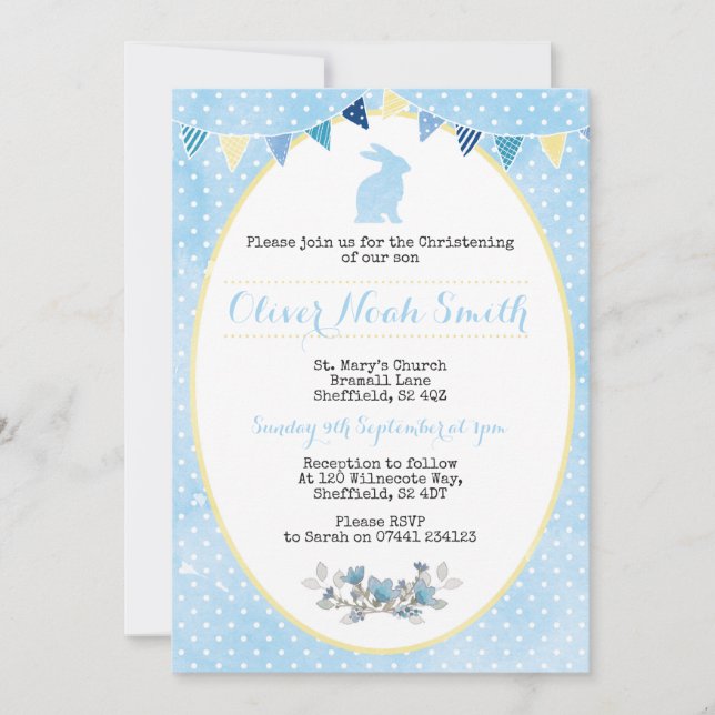 Baby Boy Rabbit Christening/Baptism Invitation (Front)