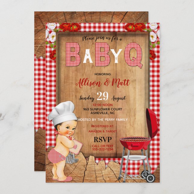 Baby Boy Red Gingham Wood Flowers Baby Q Barbecue Invitation (Front/Back)