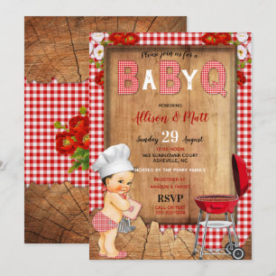 Baby Boy Red Gingham Wood Flowers Baby Q Barbecue Invitation
