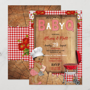 Baby Boy Red Gingham Wood Flowers Baby Q Barbecue Invitation