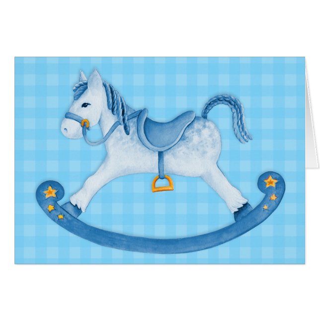 Baby boy Rocking horse art card blue (Front Horizontal)