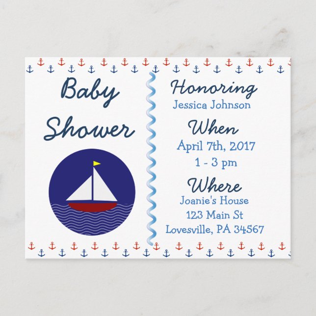 Baby Boy Sailboat Blue Baby Shower Invitation Postcard (Front)