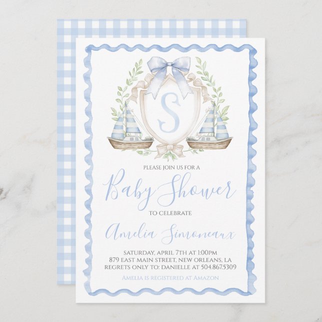 Baby Boy Sailboat Shower Preppy Nautical Blue Invitation (Front/Back)