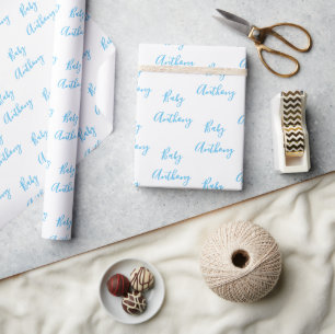 Baby Boy Script Blue Shower Personalised Name Wrapping Paper