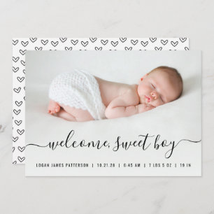 Baby Boy Script Hearts Photo Birth Announcement