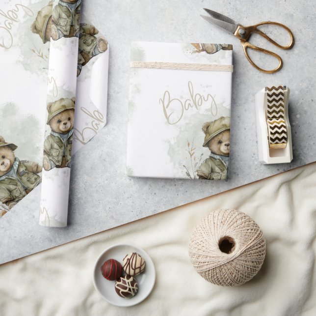 Baby Boy Script Hunter Teddy Bear Baby Shower Wrapping Paper (Crafts)
