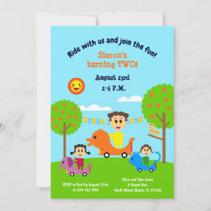 Baby boy second birthday animal electric cars  inv invitation