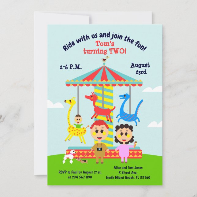 Baby boy second birthday merry-go-round party invi invitation (Front)
