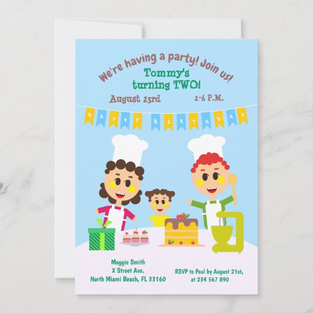 Baby boy second birthday sweet cake invitation (Front)