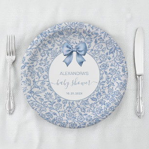 Baby Boy Shower Blue and White Floral Pattern Bow Paper Plate