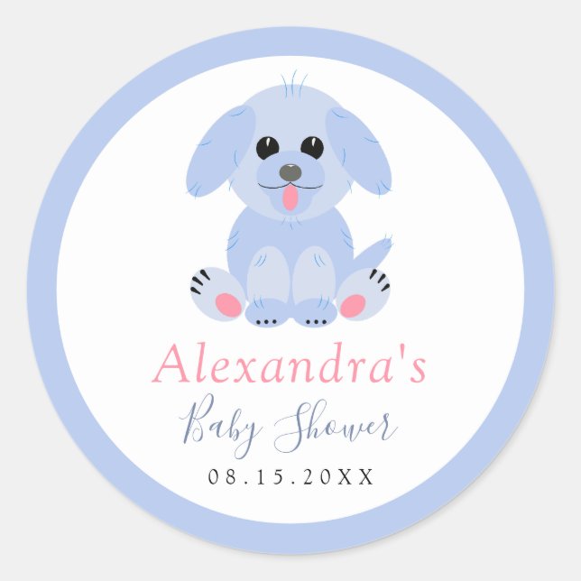 Baby Boy Shower Blue Puppy Personalised Classic Round Sticker (Front)