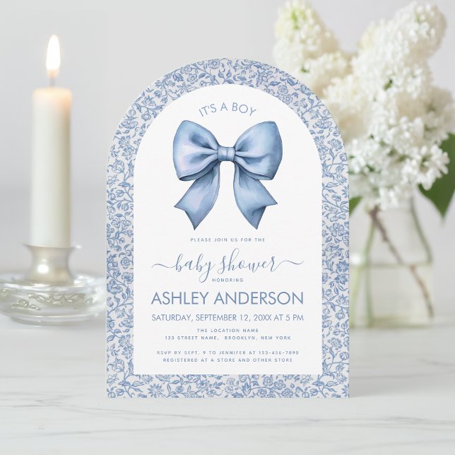 Baby Boy Shower Bow Blue White Floral Pattern Arch Invitation (Creator Uploaded)