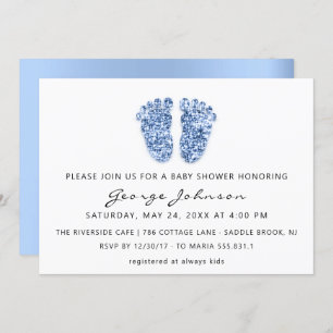 Baby Boy Shower Feet Glitter Blue White Invitation