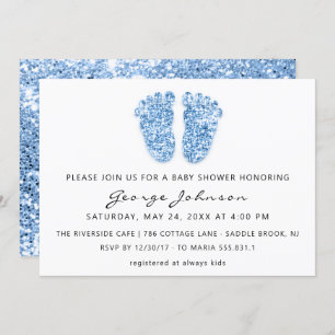 Baby Boy Shower Feet Glitter Blue White Lux Invitation