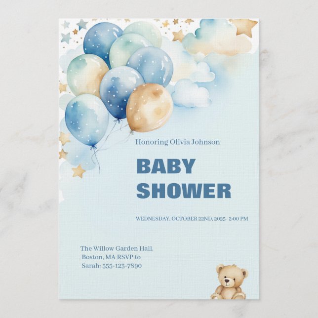 Baby Boy Shower Invitation | Blue Teddy Bear (Front)