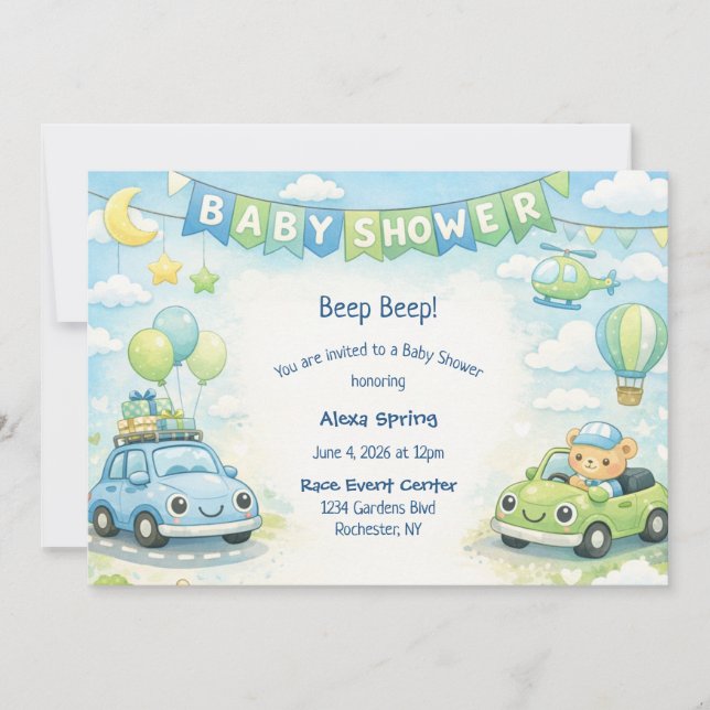 Baby Boy Shower Invitation Car Theme (Front)
