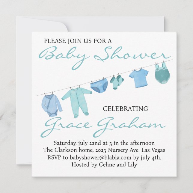 Baby Boy Shower invitation Clothes on line (Front)