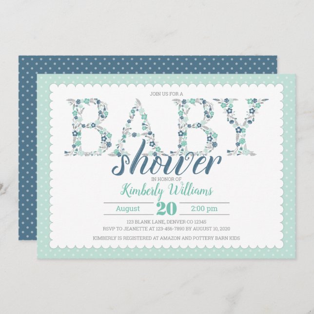baby boy shower invitation floral mint green navy (Front/Back)