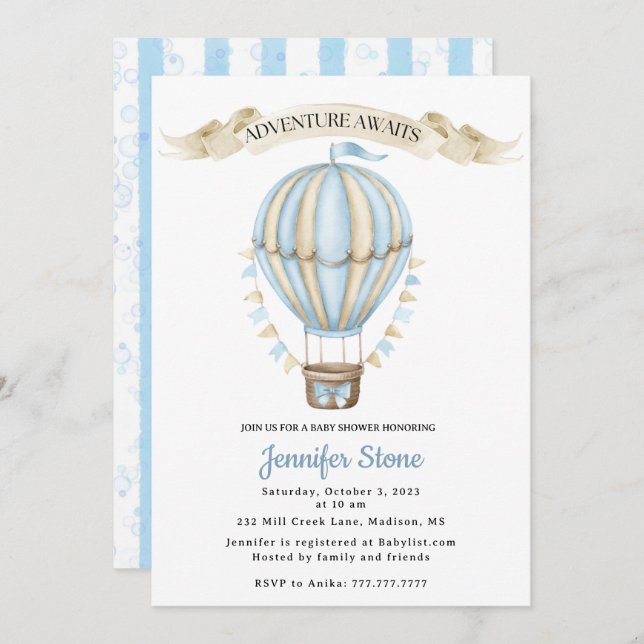 Baby Boy Shower Invitation - Hot Air Balloon (Front/Back)