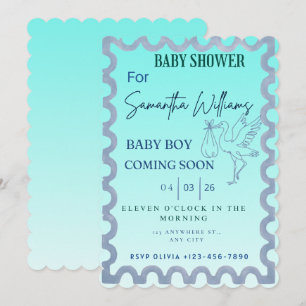 Baby Boy Shower Invitation Stork Theme Scalloped