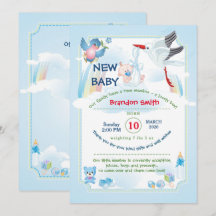 baby boy shower invitation with a funny stork