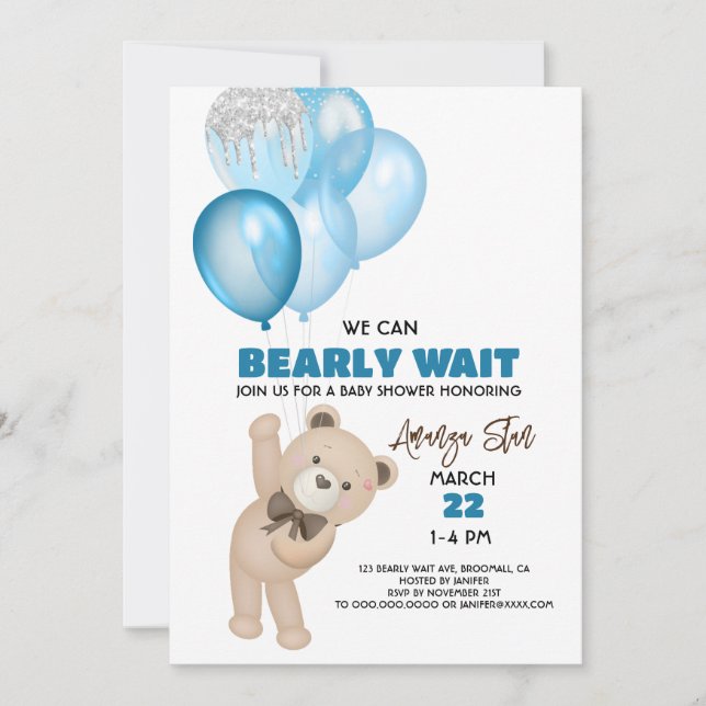 baby boy shower invitations bear bearly wait blue (Front)
