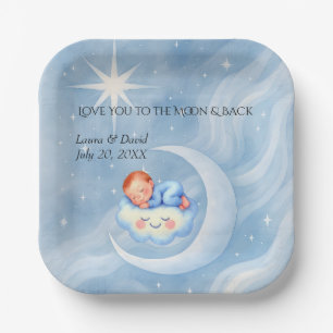 Baby Boy Shower Invite Moonlight Stars Watercolor Paper Plate