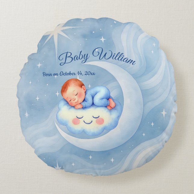 Baby Boy Shower Invite Moonlight Stars Watercolor Round Cushion (Front)