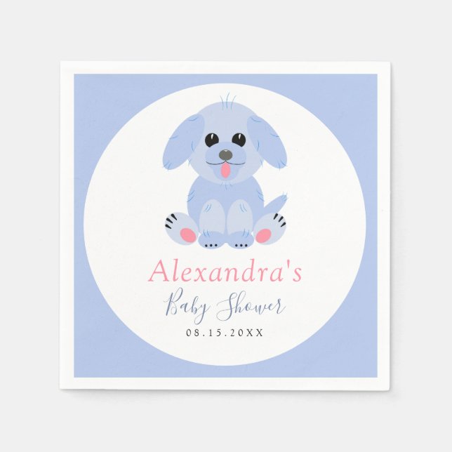 Baby Boy Shower Personalised Puppy Blue Napkin (Front)