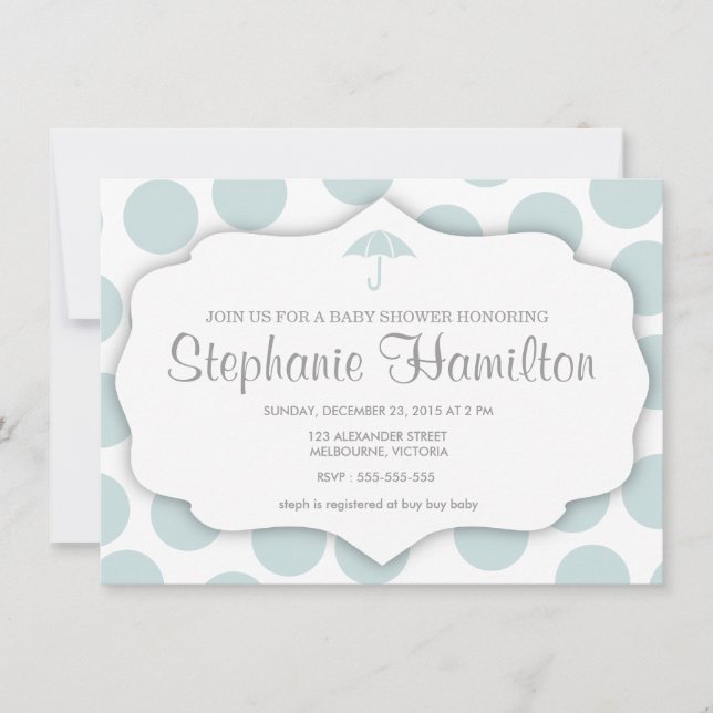 Baby boy shower polka dots umbrella frame blue invitation (Front)