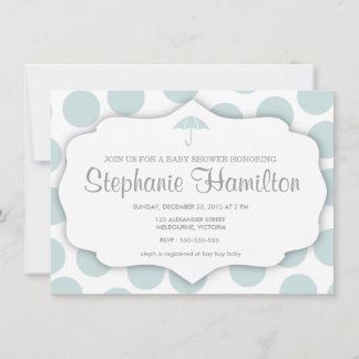 Baby boy shower polka dots umbrella frame blue invitation