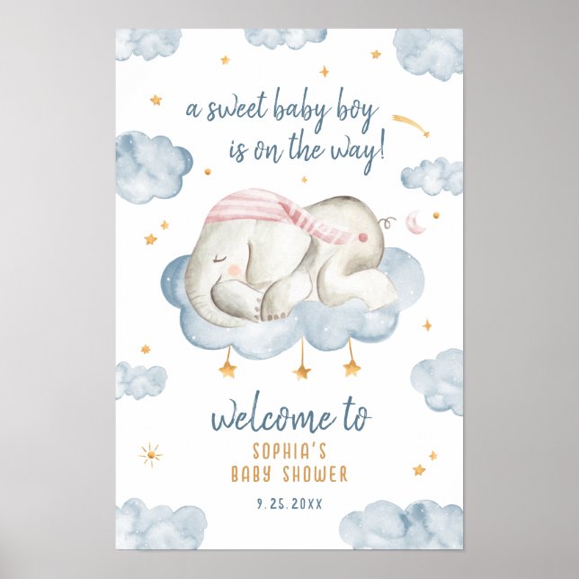 Baby Boy Shower Welcome Sign Poster - Elephant (Front)
