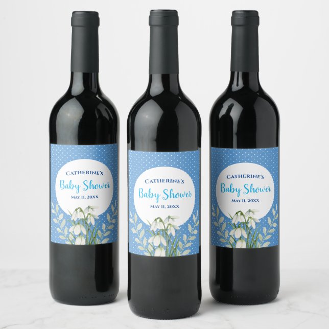 Baby Boy Shower White Snow Drops Blue Polka Dots Wine Label (Bottles)