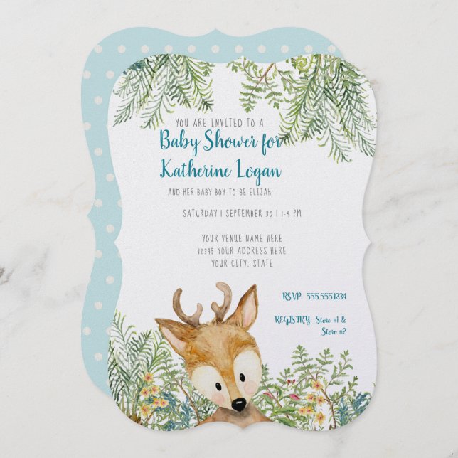 Baby Boy Shower Woodland Animals Deer Forest Ferns Invitation (Front/Back)