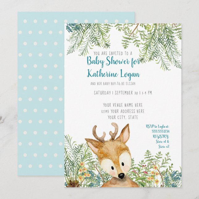 Baby Boy Shower Woodland Forest Deer Forest Ferns Invitation (Front/Back)
