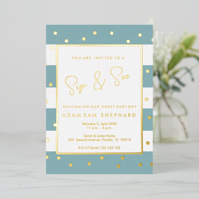 Baby Boy Sip and See Invitation - Elegant shower (Standing Front)