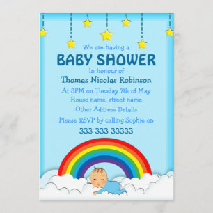 Baby boy sleeping under a Rainbow and clouds Invitation