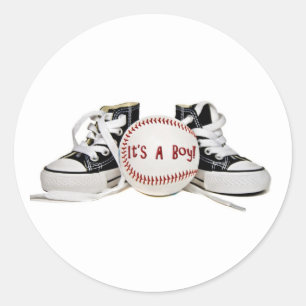 Baby Boy Sneaker and Baseball Announcement Classic Round Sticker