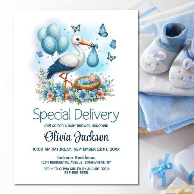 Baby Boy Special Delivery Stork Baby Shower Invitation (Creator Uploaded)