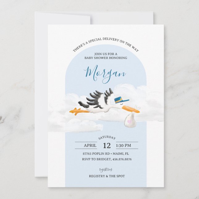 Baby Boy Special Delivery Stork Baby Shower Invitation (Front)