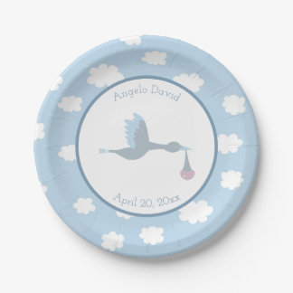 Baby Boy Stork Blue Sky and Clouds Paper Plate