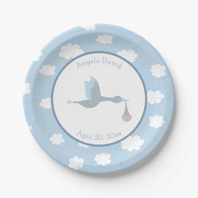 Baby Boy Stork Blue Sky and Clouds Paper Plate (Front)